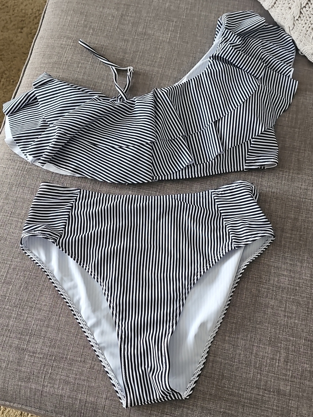 Striped Black & White Two Piece with Ruffle Detail Top